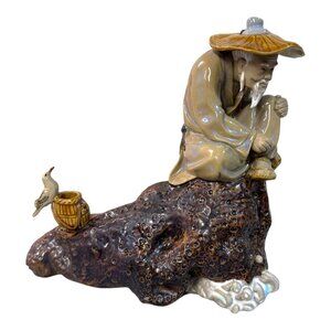 Wanjiang Old China pottery mudman fisher fishing man figurine Elder Man NO POLE